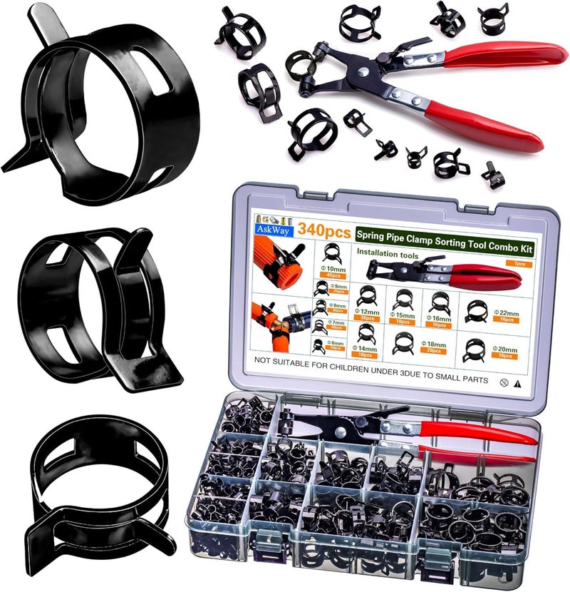 AskWay Spring Pipe Clamps340PCS, With Spring Pipe Clamp Tools, 12 Sizes 6-22mm Spring Hose Clamps, Used To Fix Hose Interfaces In Automotive, Marine, Gardening, Industrial Applications - Image 1